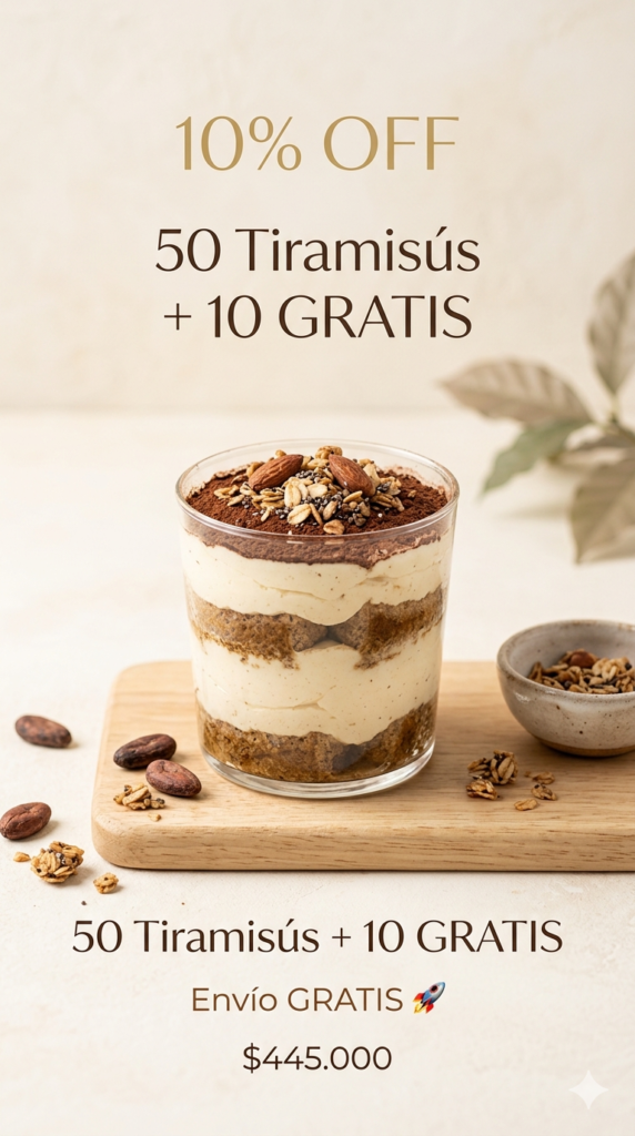 50 Tiramisus + 10 Mousses gratis 10% descuento