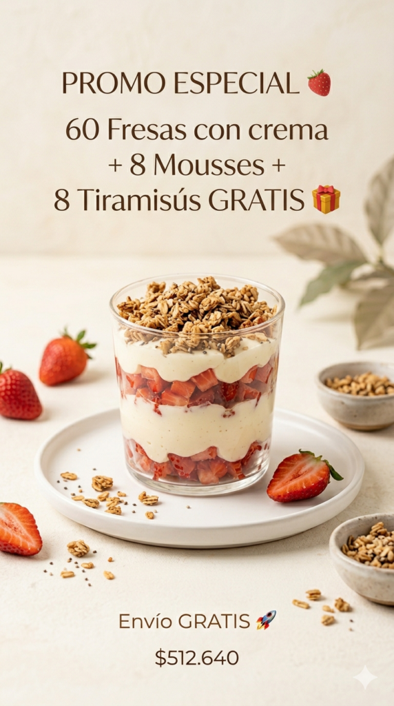 60 Fresas con Crema + 8 Mousses + 8 Tiramisus de regalo